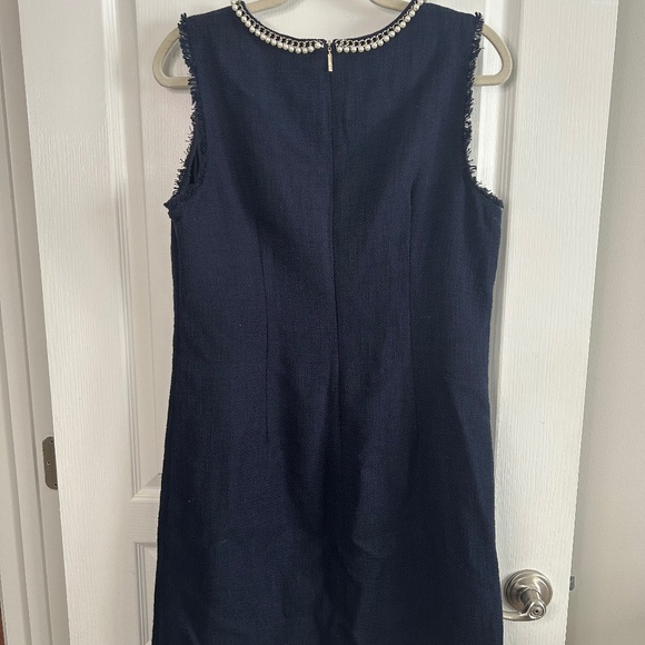 Karl Lagerfeld Paris Navy Pearl Neckline Dress | Classic Elegant - Picture 2 of 4